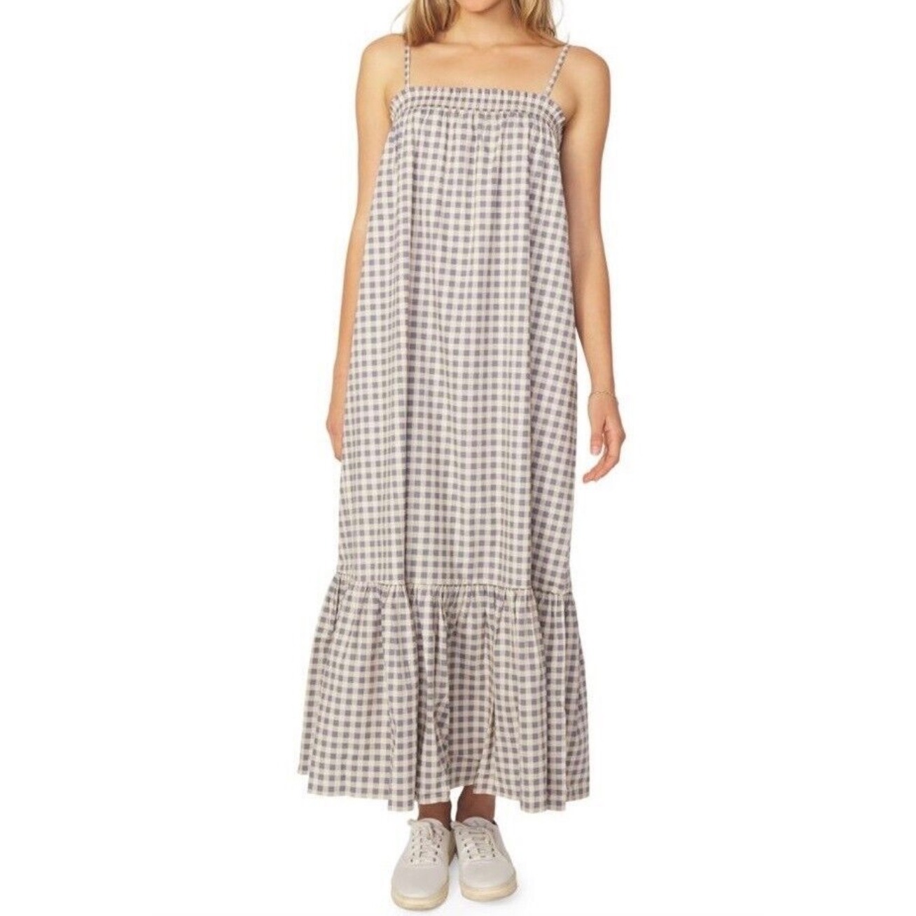 Weworewhat Revolve New Gingham Smocked Shift Maxi Dress Blue/Tan Size Large